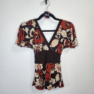 063 sequin cross over tie up neutral patterned top